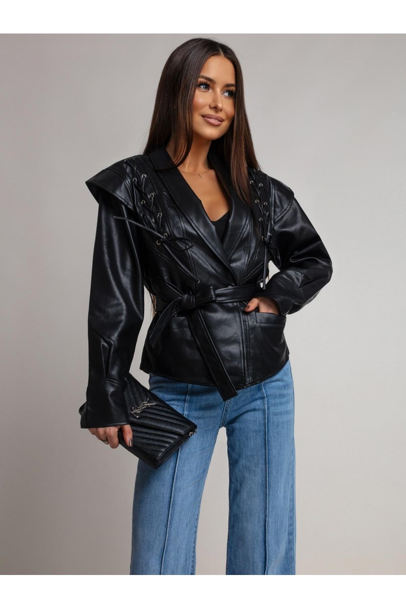 Čierny kožený kabát VALENTINA — spredu